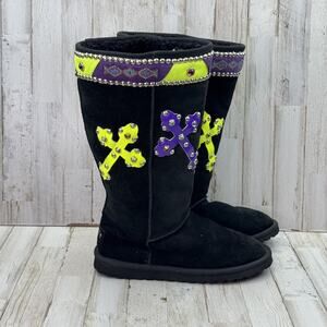 Gypsy Soule Jeweled Studded Accented Cross Black Suede Sheepskin Boots Sz 10